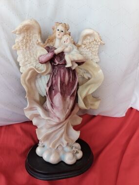 Angel Figurine Holding Child - Pink and Cream Home Art Statue 11 1/2 Tall